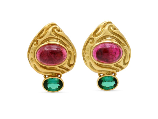 Elizabeth Gage Rubellite and Green Tourmaline Earrings 18K Gold