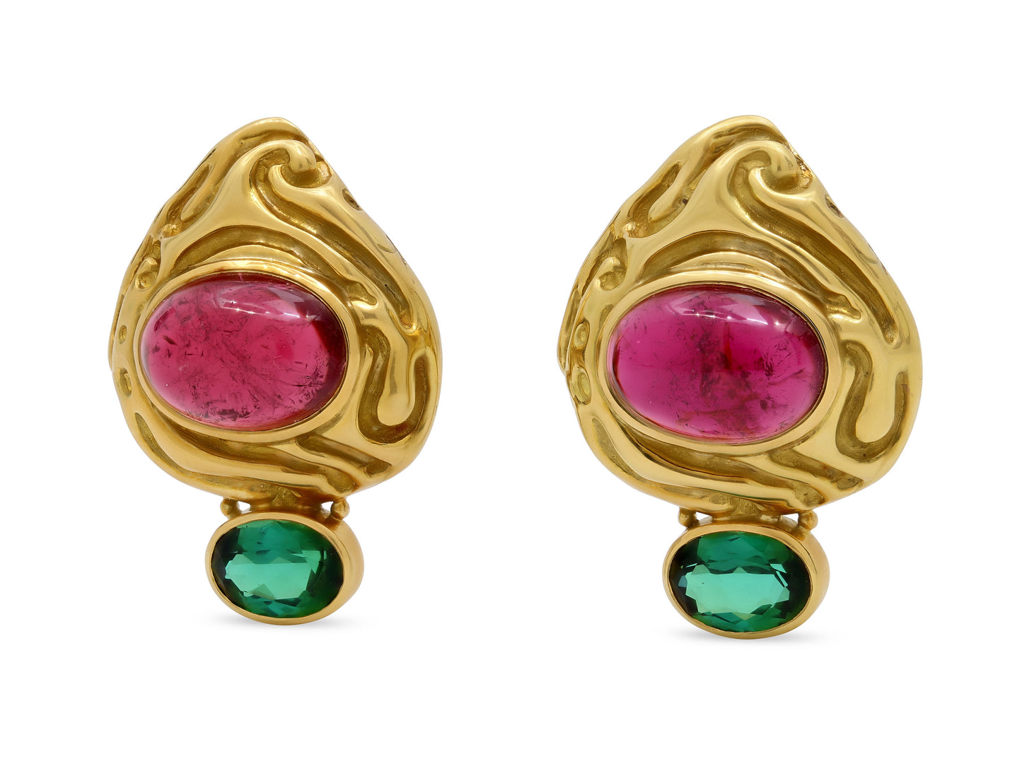 Elizabeth Gage Rubellite and Green Tourmaline Earrings 18K Gold
