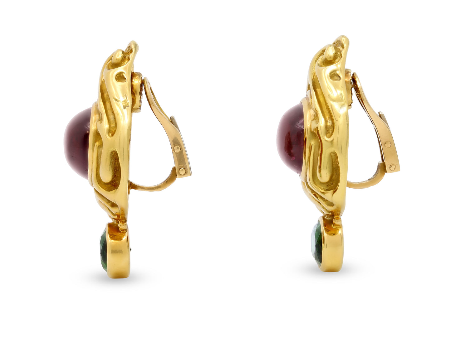 Elizabeth Gage Rubellite and Green Tourmaline Earrings 18K Gold