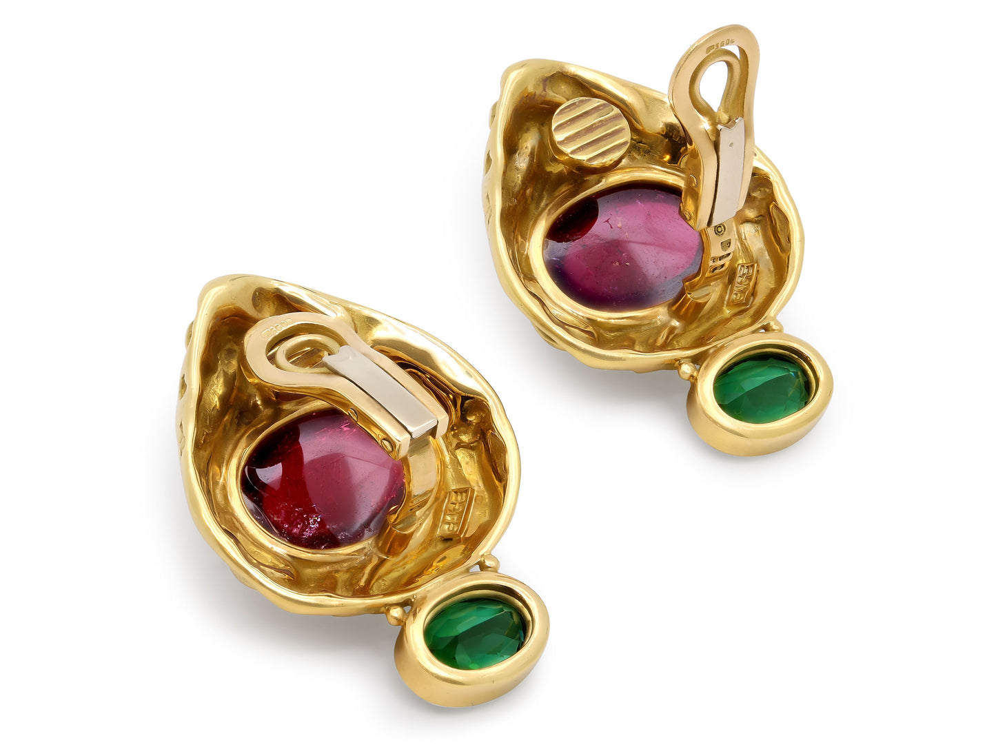 Elizabeth Gage Rubellite and Green Tourmaline Earrings 18K Gold