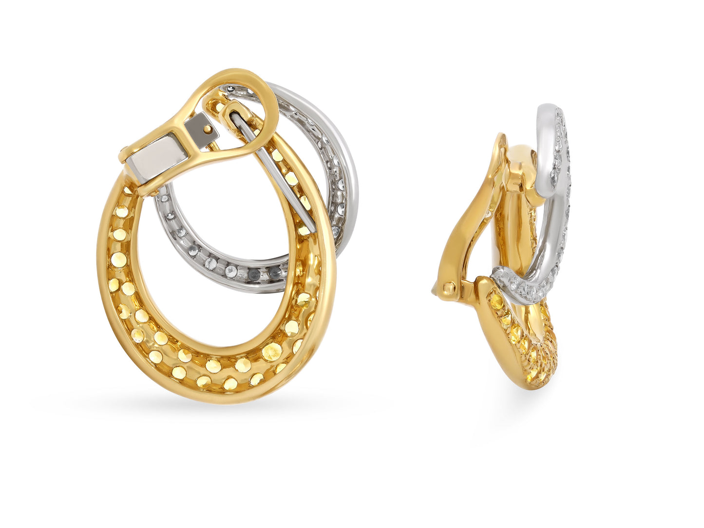 Diamond and Yellow Sapphire Earrings in 18K Gold and Platinum by Beladora, overlapping yellow gold and platinum hoops with diamonds, yellow sapphires, and omega backs