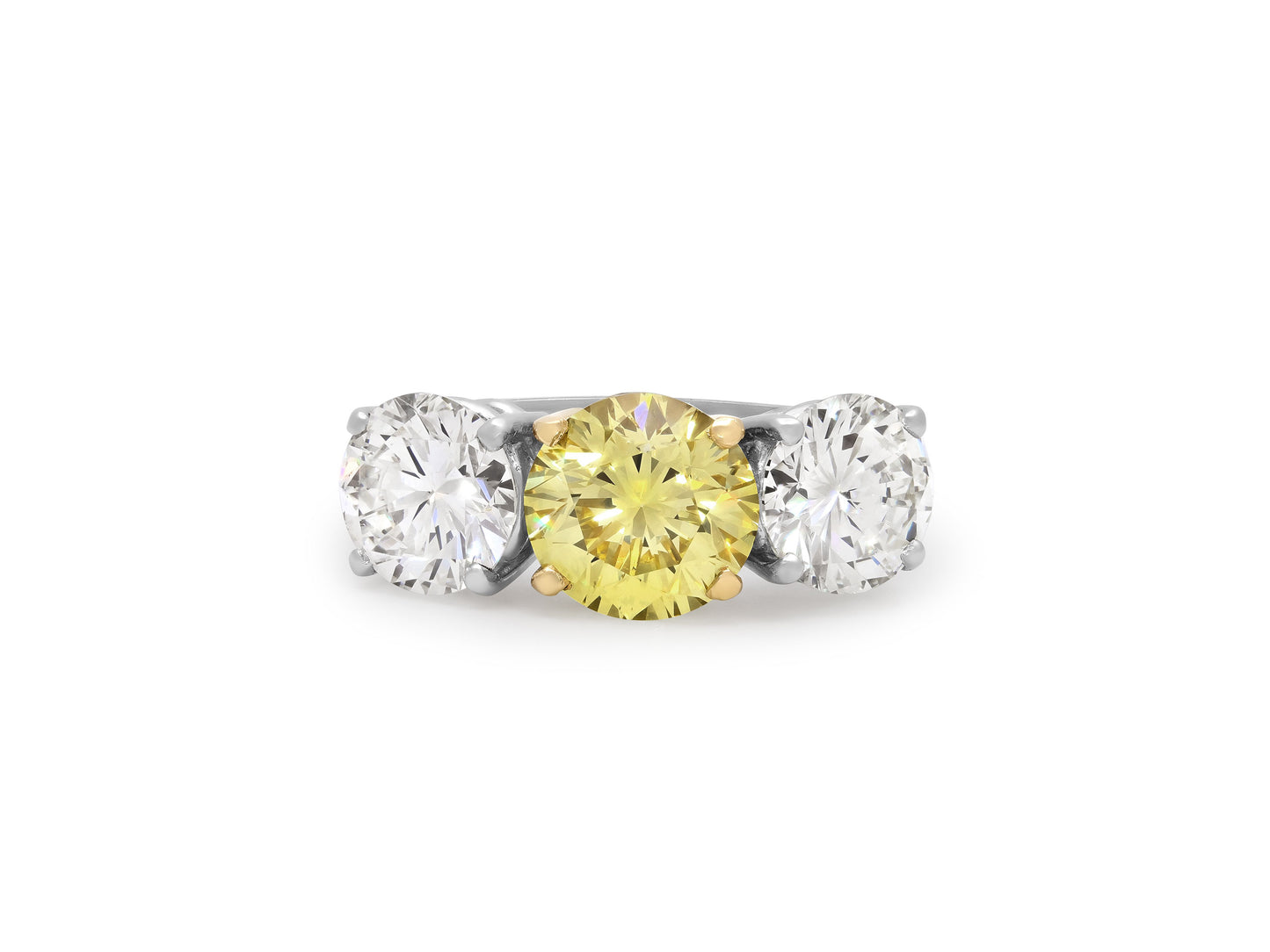 Three Stone Fancy Yellow Diamond Ring, 2.06 carats, in Platinum