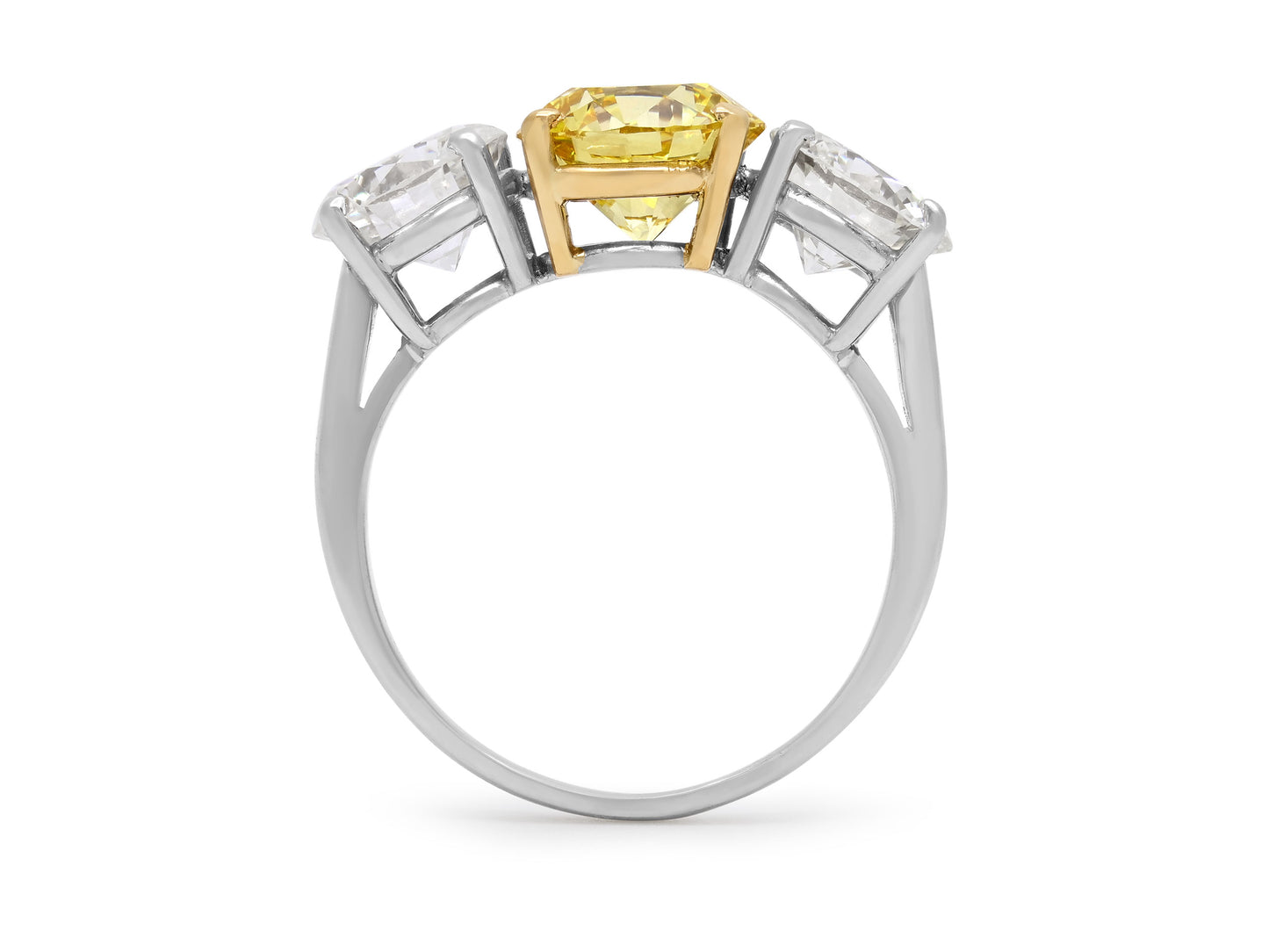 Three Stone Fancy Yellow Diamond Ring, 2.06 carats, in Platinum