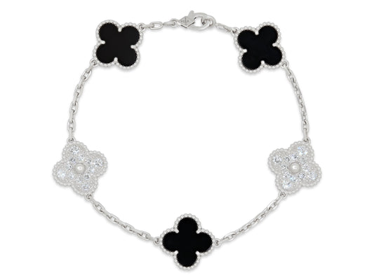 Van Cleef & Arpels 'Vintage Alhambra' Diamond and Onyx Bracelet, 5 Motifs, in 18K White Gold