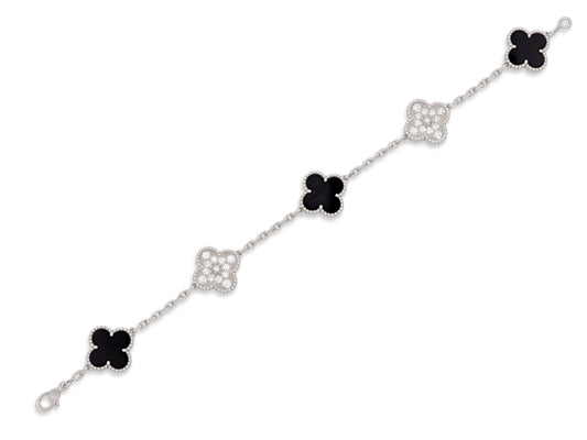Van Cleef & Arpels 'Vintage Alhambra' Diamond and Onyx Bracelet, 5 Motifs, in 18K White Gold
