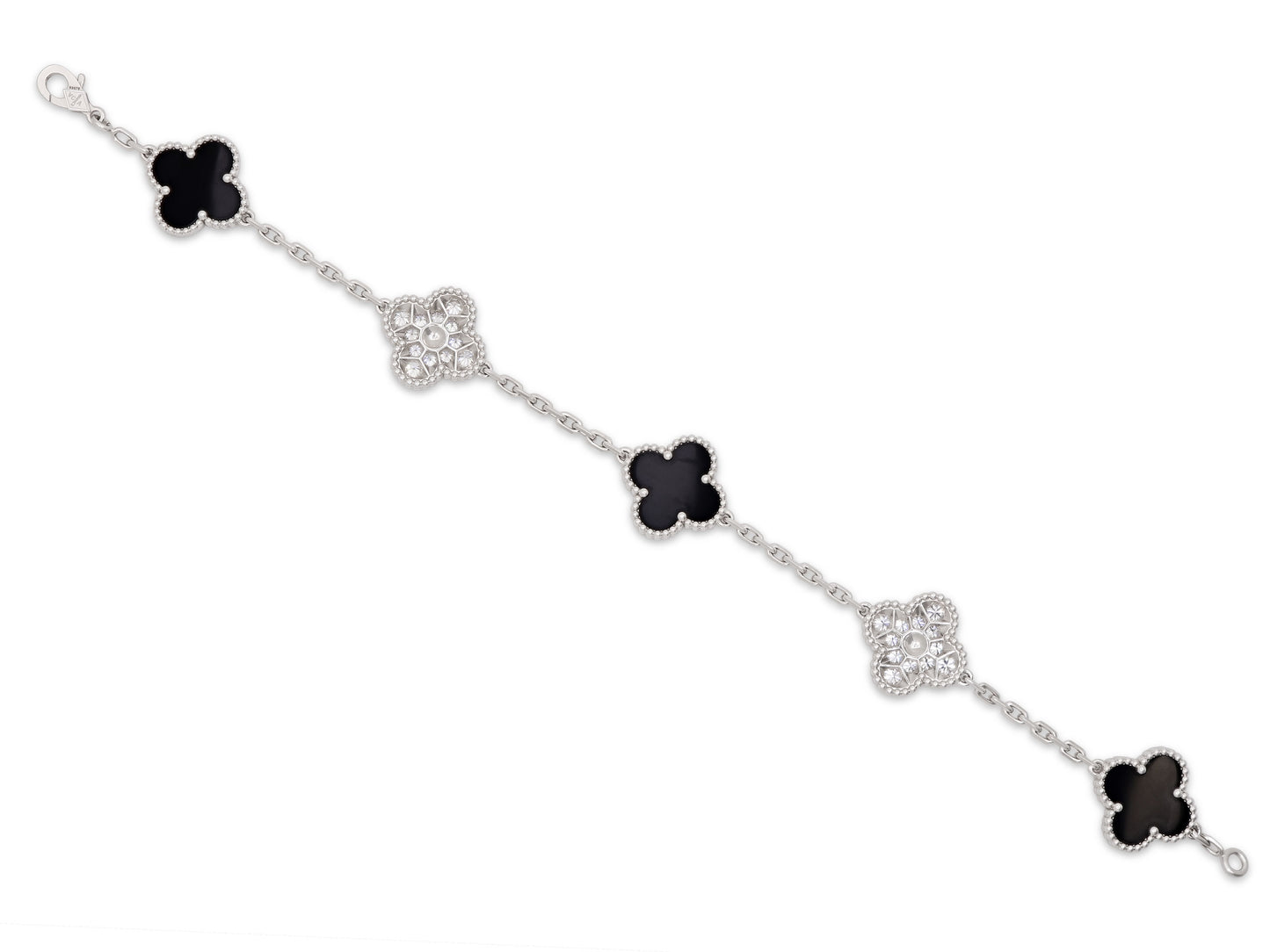 Van Cleef & Arpels 'Vintage Alhambra' Diamond and Onyx Bracelet, 5 Motifs, in 18K White Gold