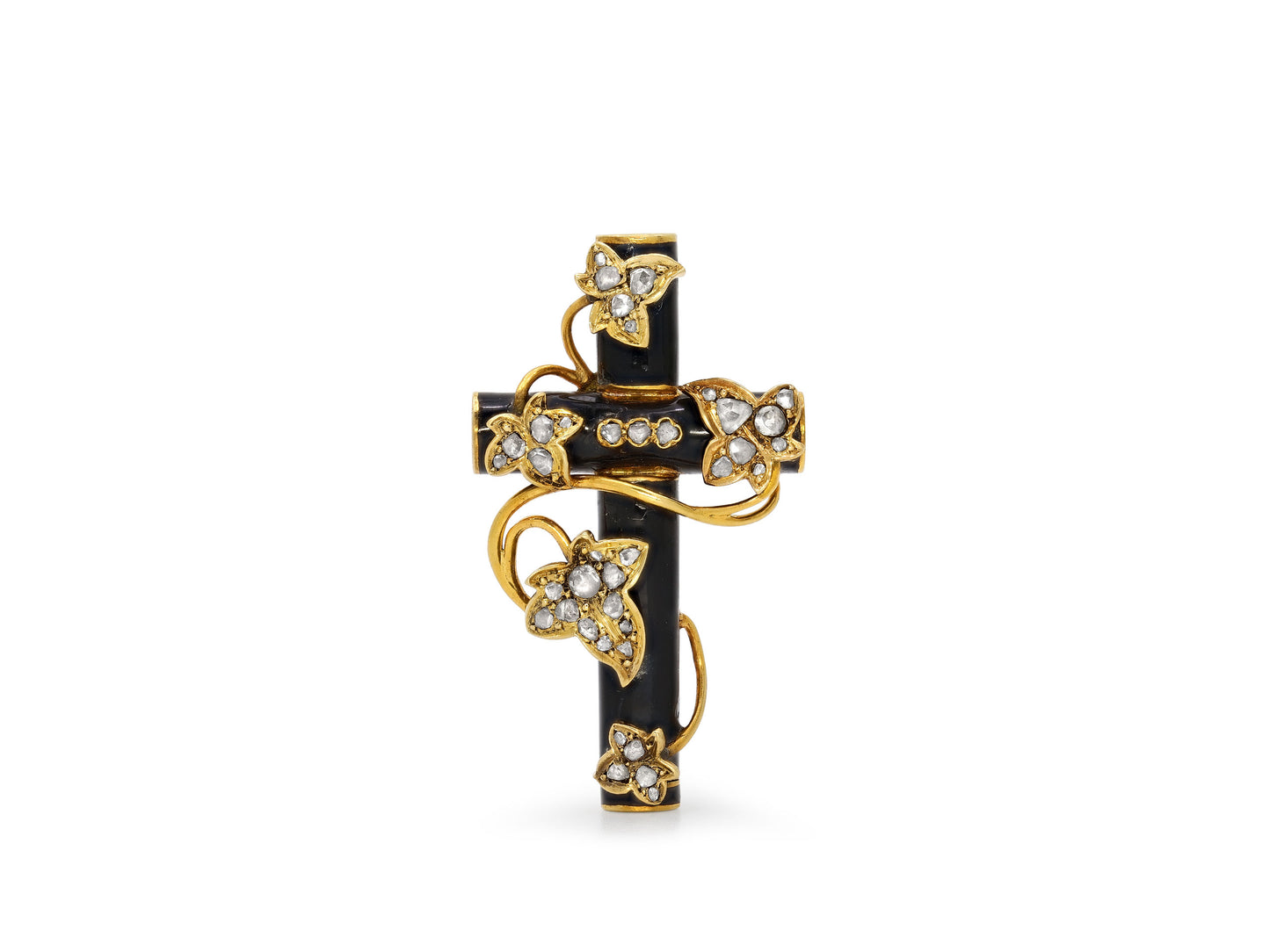 Antique Victorian Enamel and Diamond Cross Brooch 18K Gold