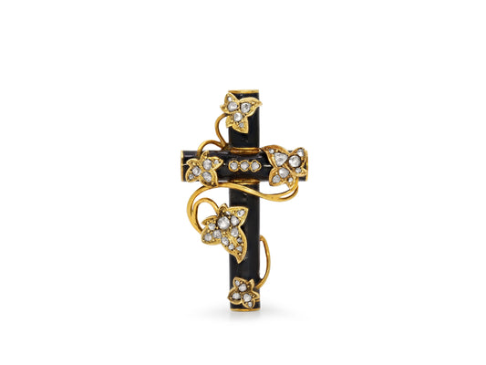 Antique Victorian Enamel and Diamond Cross Brooch 18K Gold