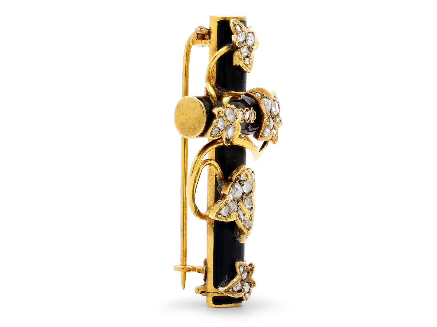 Antique Victorian Enamel and Diamond Cross Brooch 18K Gold