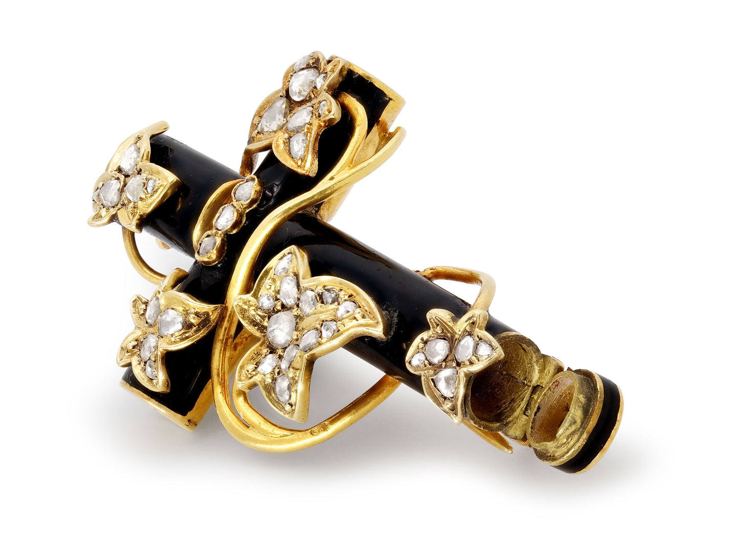 Antique Victorian Enamel and Diamond Cross Brooch 18K Gold