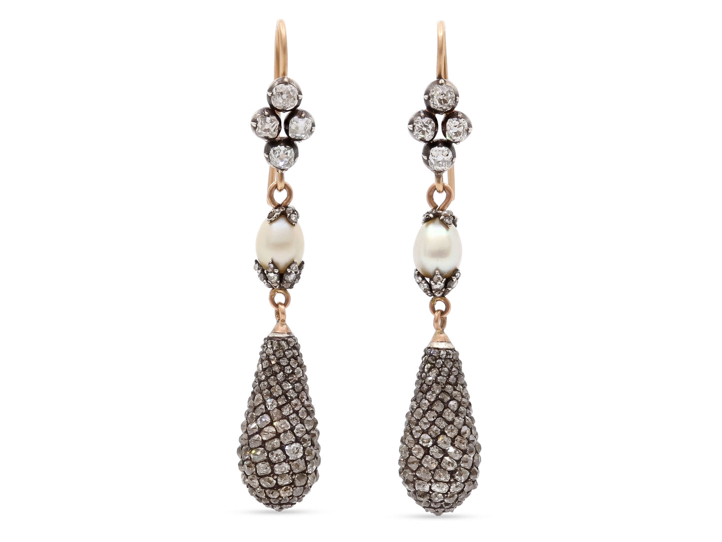 Antique Victorian Diamond and Natural Pearl Drop Earrings in Silver Over Gold