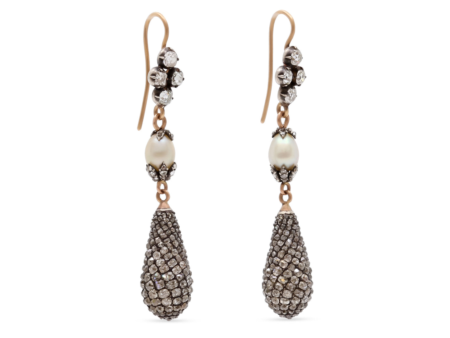 Antique Victorian Diamond and Natural Pearl Drop Earrings in Silver Over Gold