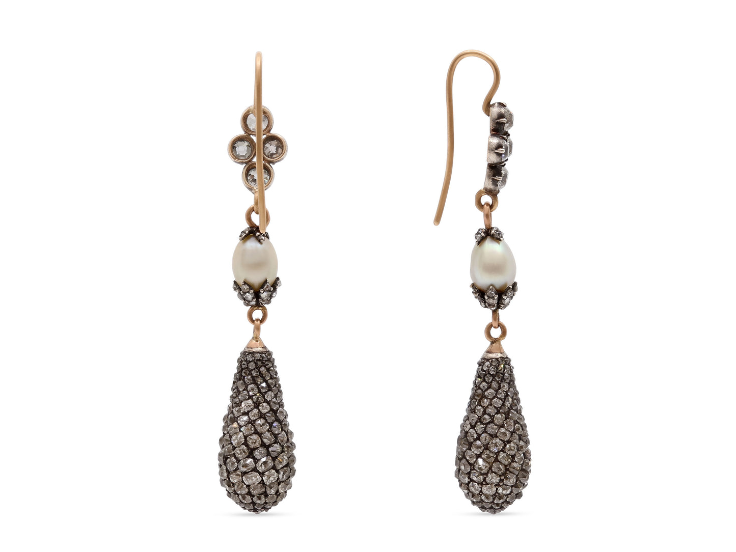 Antique Victorian Diamond and Natural Pearl Drop Earrings in Silver Over Gold