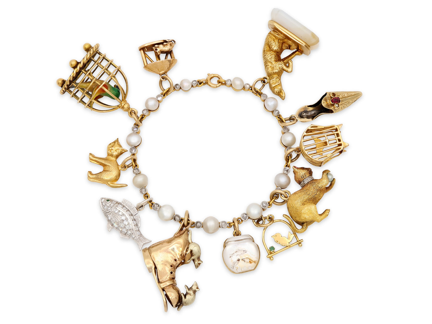 Mid-Century 'Cat and His Prey' Charm Bracelet in 18K Gold