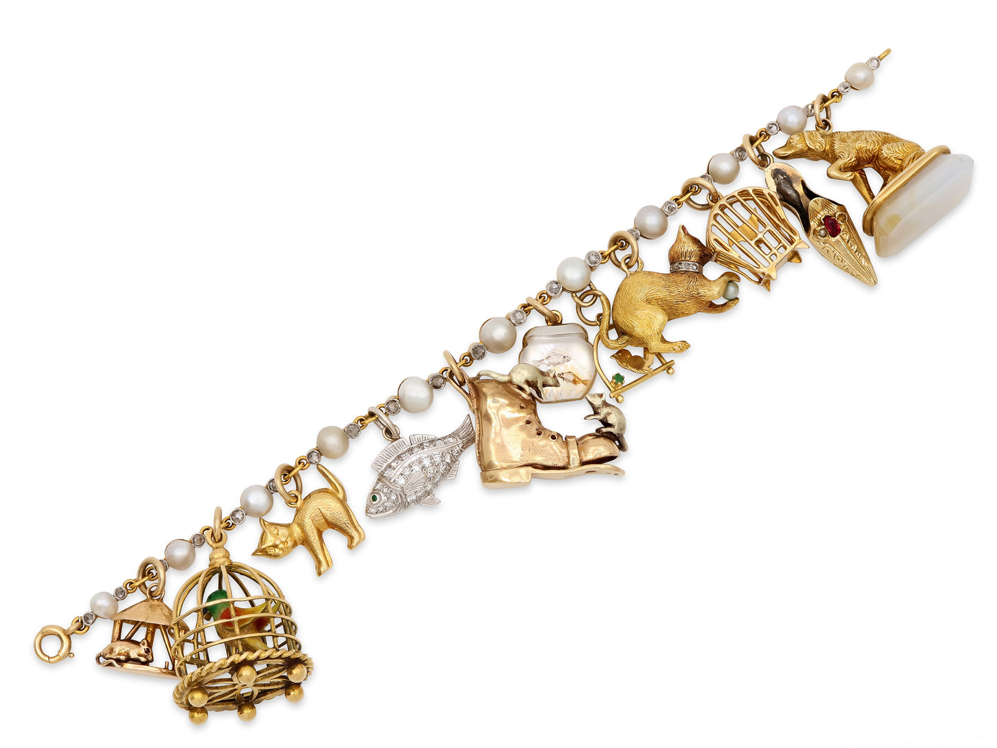 Mid-Century 'Cat and His Prey' Charm Bracelet in 18K Gold