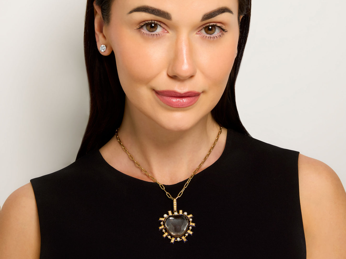 Mid-Century Rock Crystal and Pearl Heart Pendant in 18K Gold