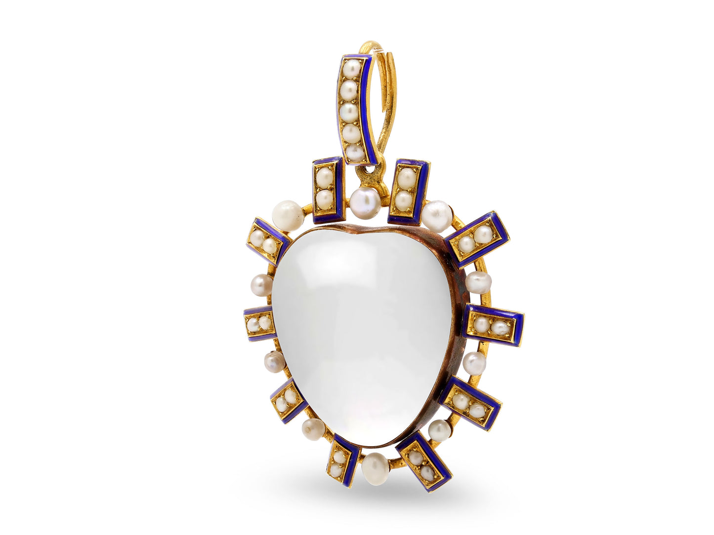 Mid-Century Rock Crystal and Pearl Heart Pendant in 18K Gold