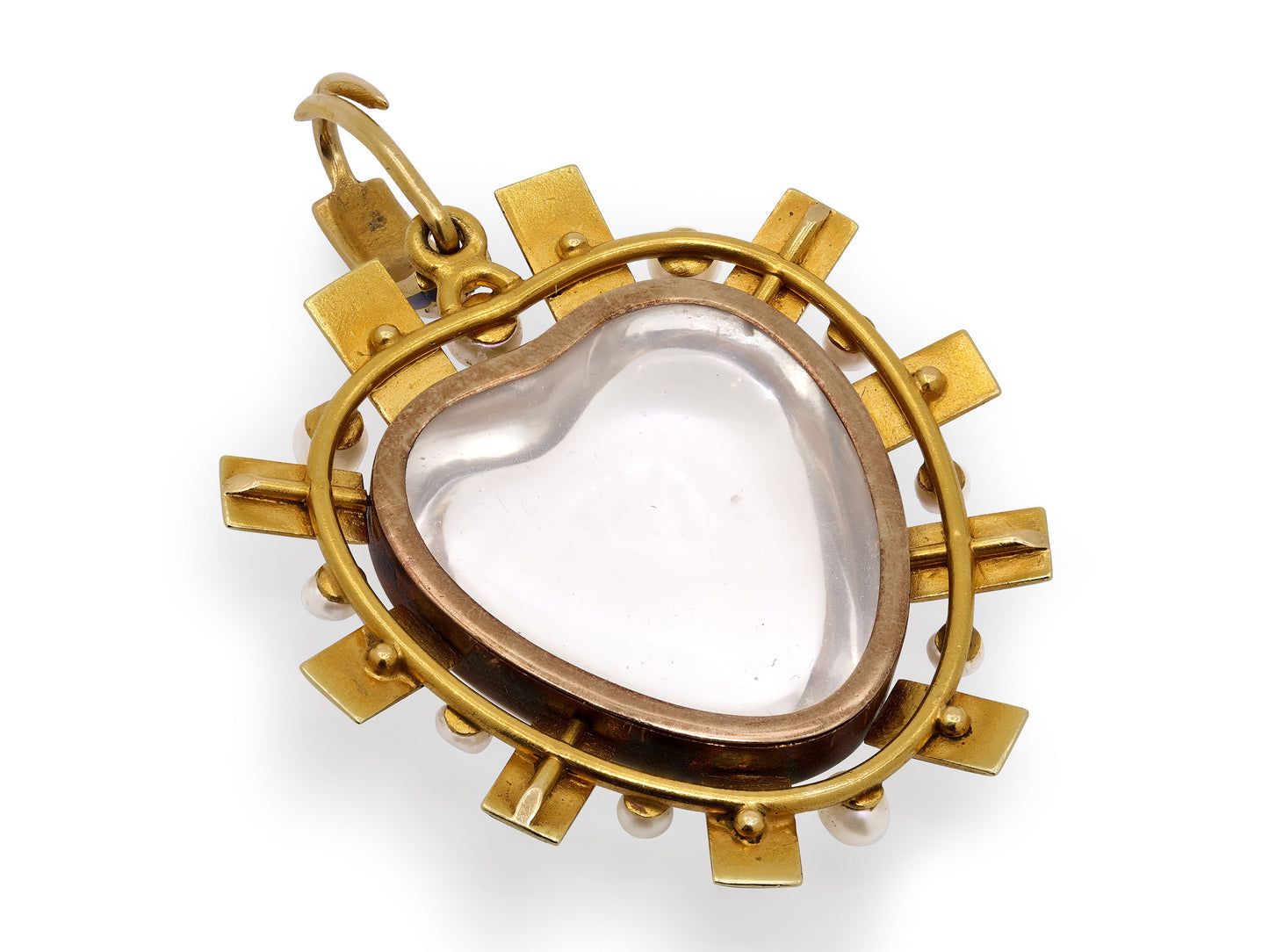 Mid-Century Rock Crystal and Pearl Heart Pendant in 18K Gold