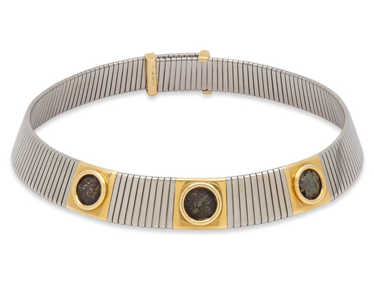 Bulgari Ancient Coin Tubogas Necklace in Steel and 18K Gold