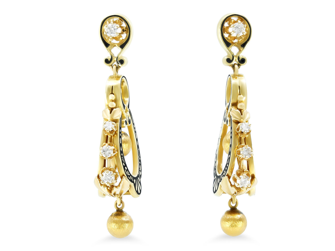 Antique Style Enamel and Diamond Drop Earrings in 14K Gold
