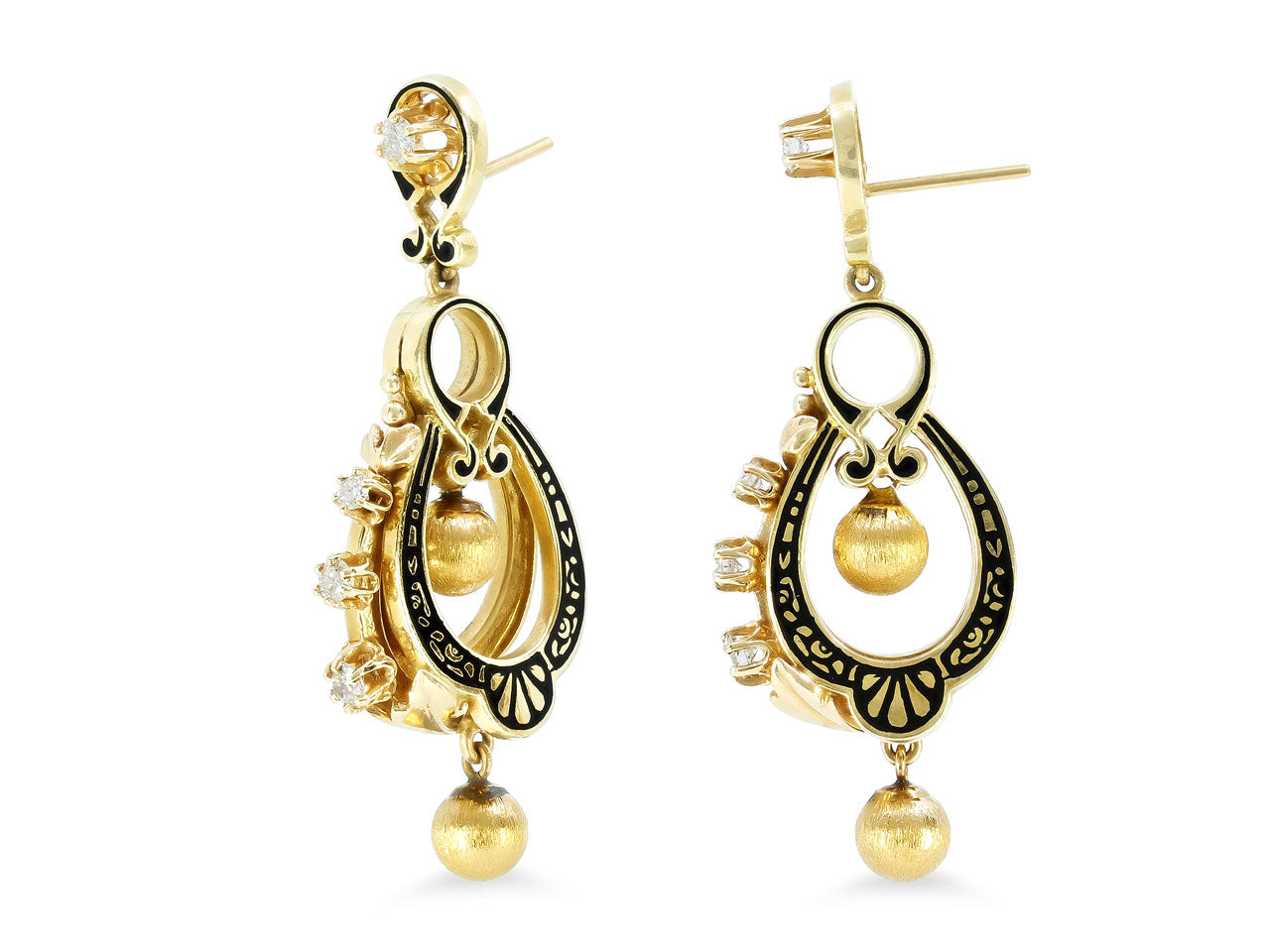 Antique Style Enamel and Diamond Drop Earrings in 14K Gold
