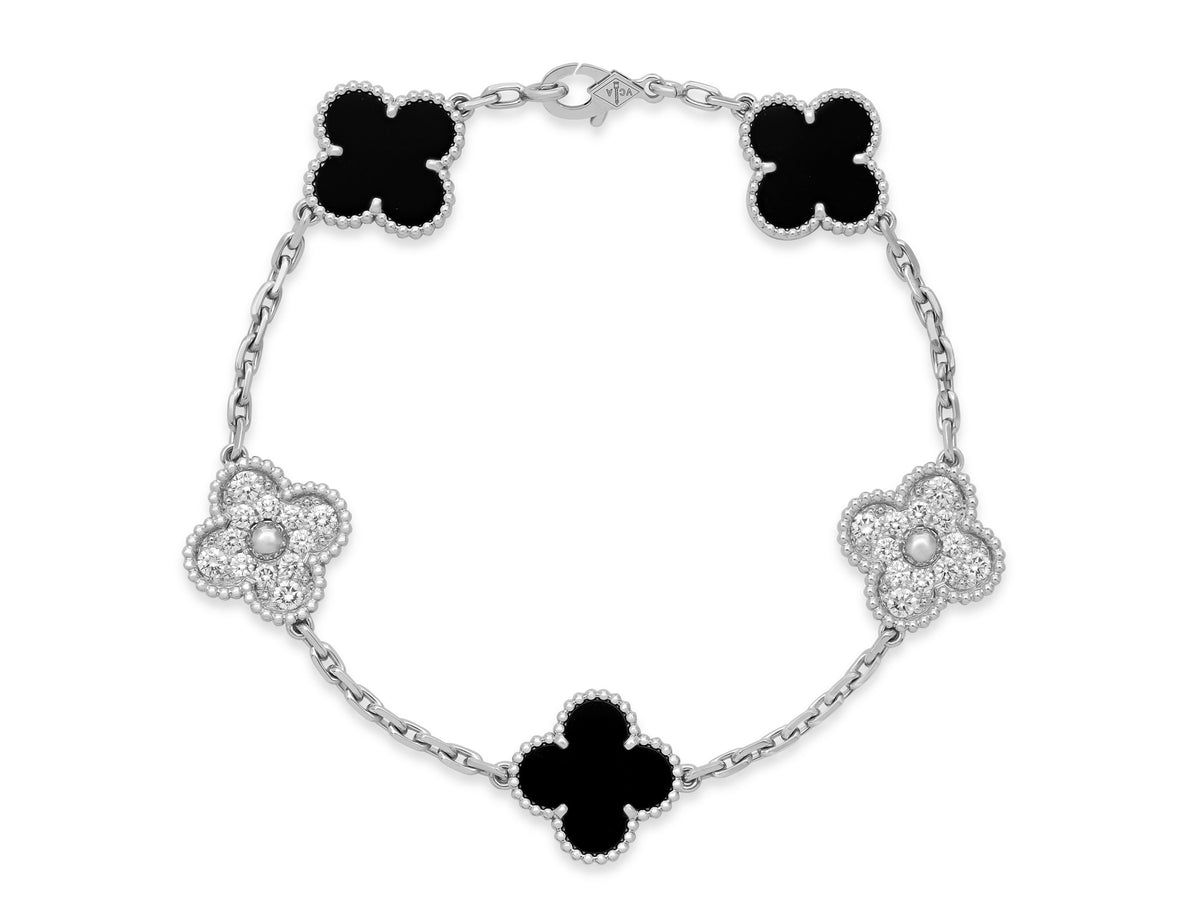 Van Cleef & Arpels 'Vintage Alhambra' Diamond and Onyx Bracelet, 5 Motifs, in 18K White Gold