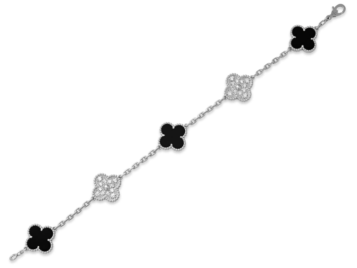 Van Cleef & Arpels 'Vintage Alhambra' Diamond and Onyx Bracelet, 5 Motifs, in 18K White Gold