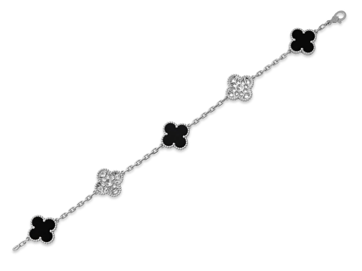 Van Cleef & Arpels 'Vintage Alhambra' Diamond and Onyx Bracelet, 5 Motifs, in 18K White Gold