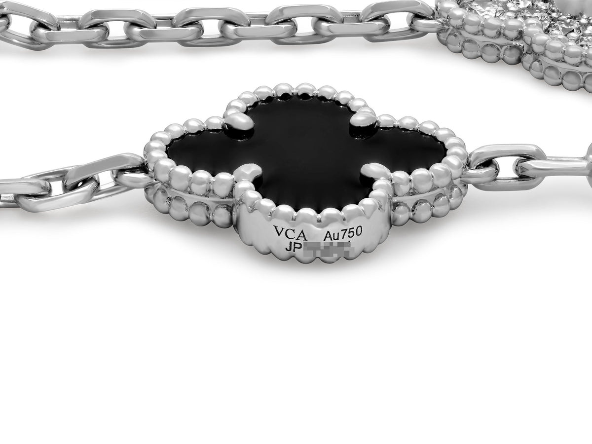 Van Cleef & Arpels 'Vintage Alhambra' Diamond and Onyx Bracelet, 5 Motifs, in 18K White Gold