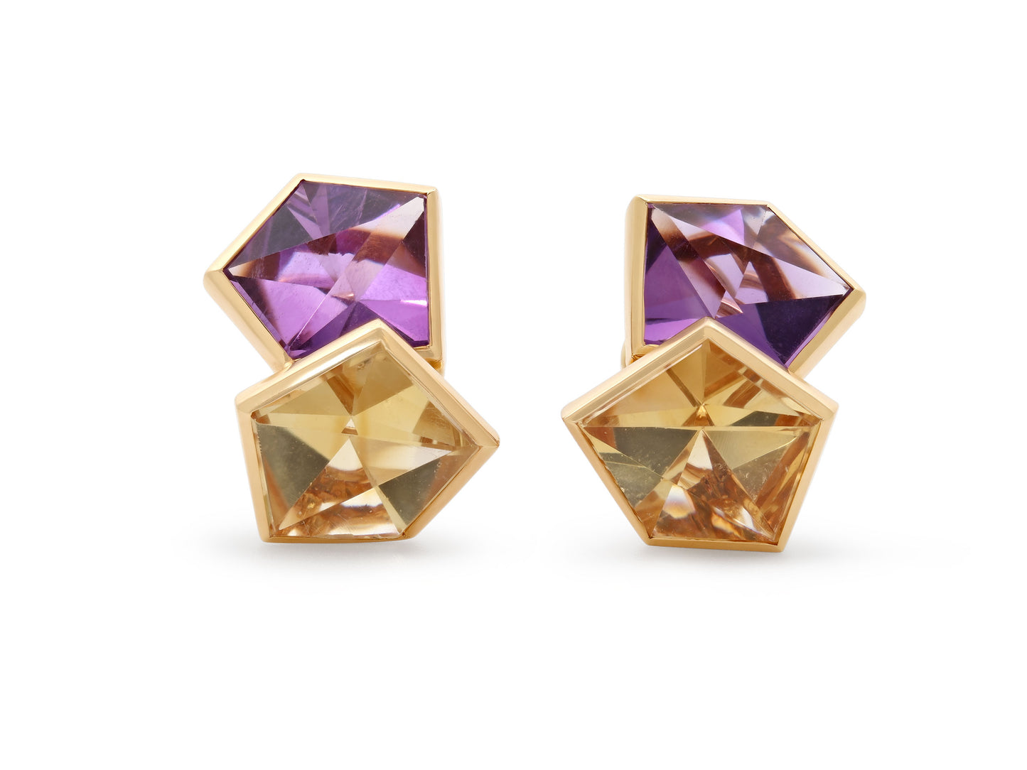 Geometric Amethyst and Citrine Earrings in 18K Gold