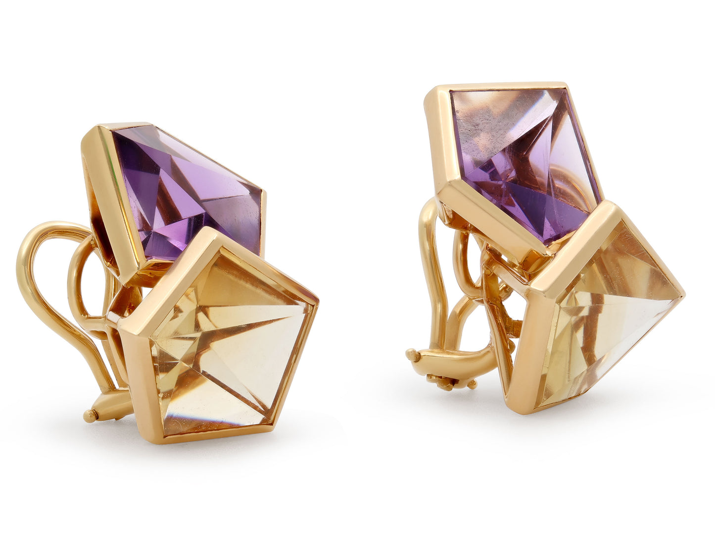 Geometric Amethyst and Citrine Earrings in 18K Gold