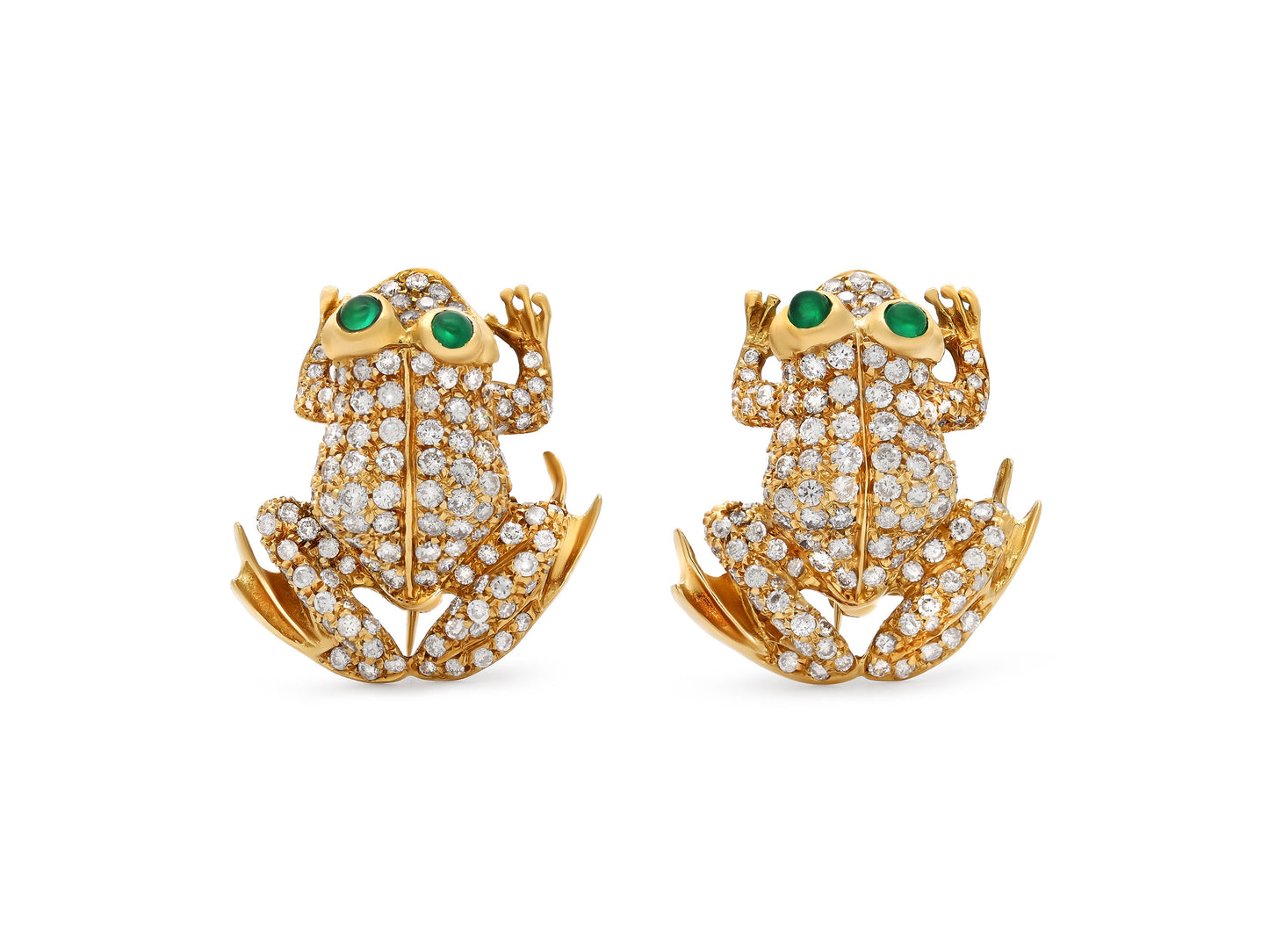Pair of Diamond and Emerald Frog Brooches in 18K Gold