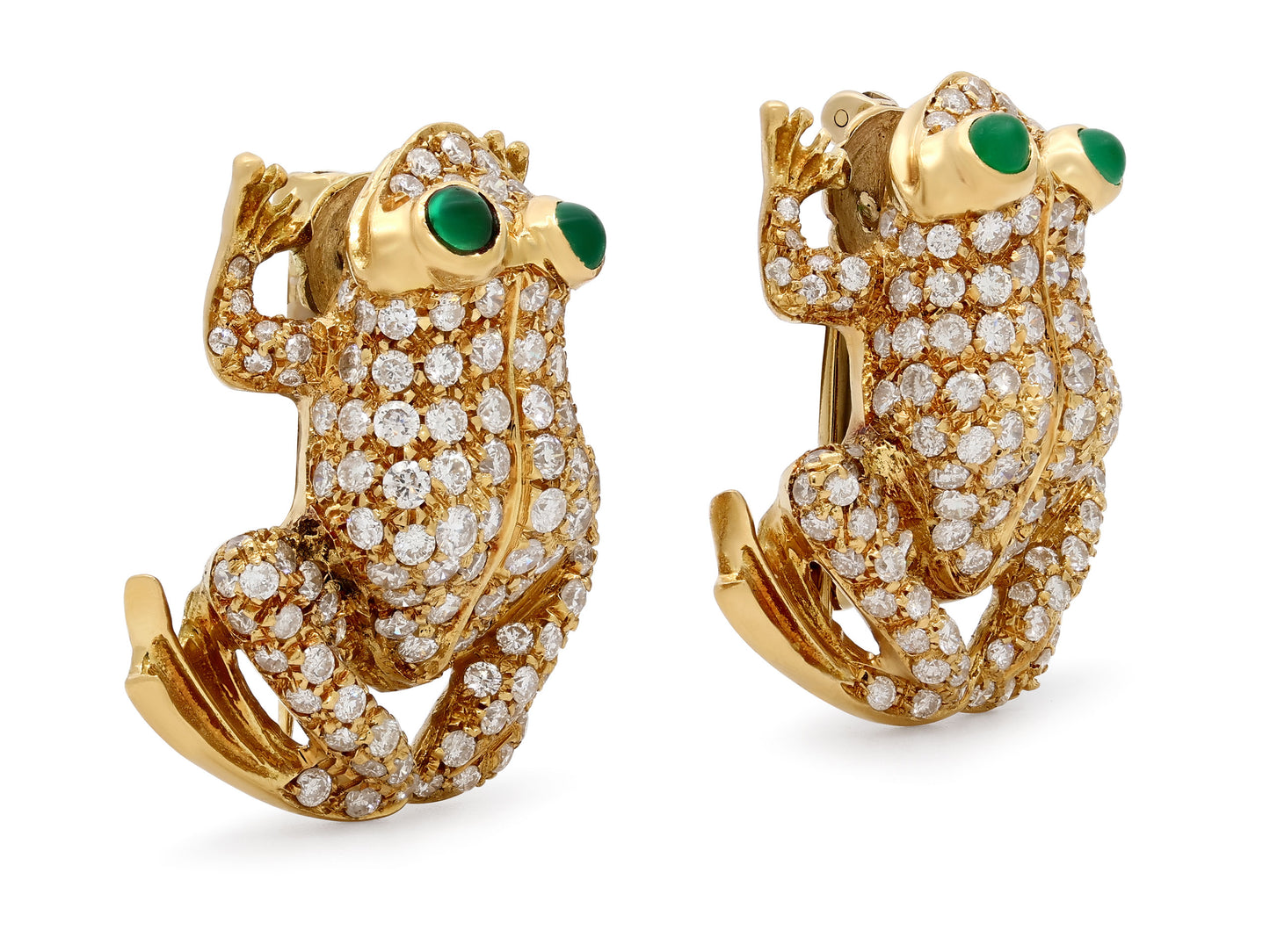 Pair of Diamond and Emerald Frog Brooches in 18K Gold