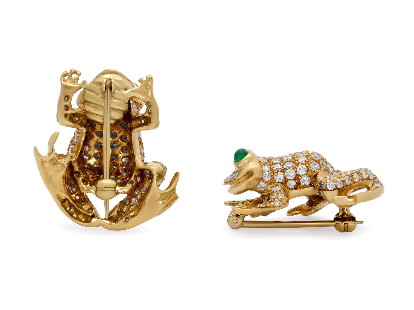 Pair of Diamond and Emerald Frog Brooches in 18K Gold