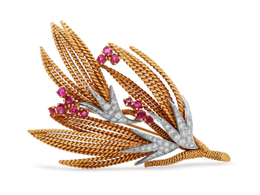 Ruby and Diamond Brooch in 18K Gold and Platinum