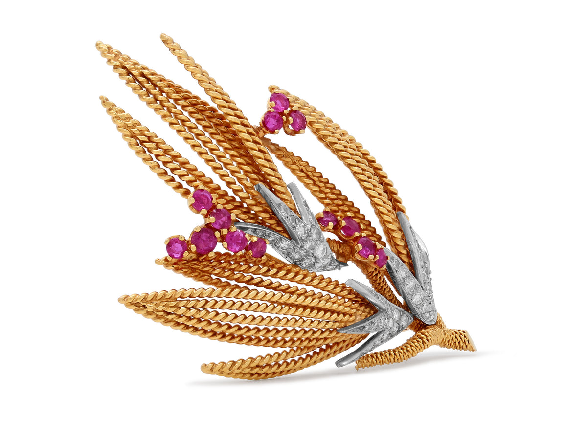 Ruby and Diamond Brooch in 18K Gold and Platinum