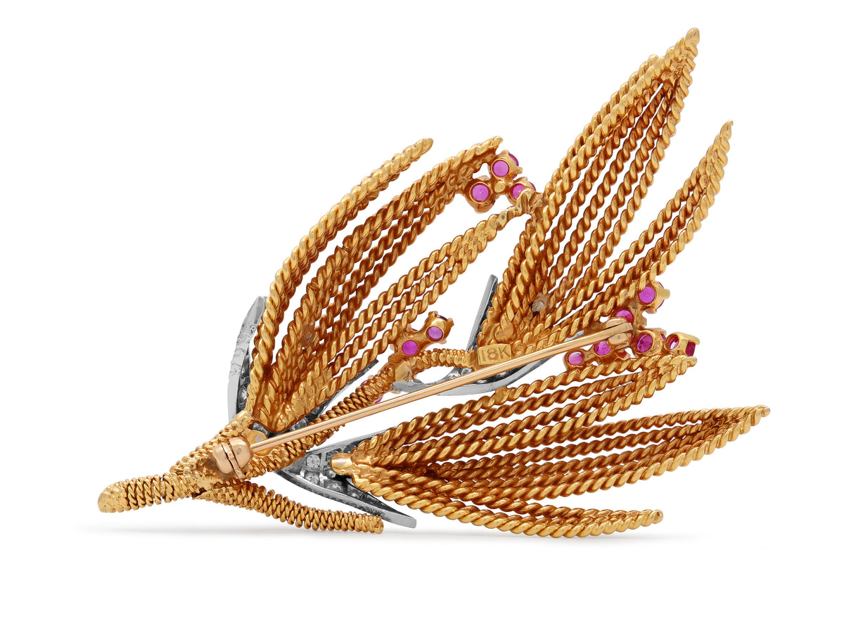 Ruby and Diamond Brooch in 18K Gold and Platinum