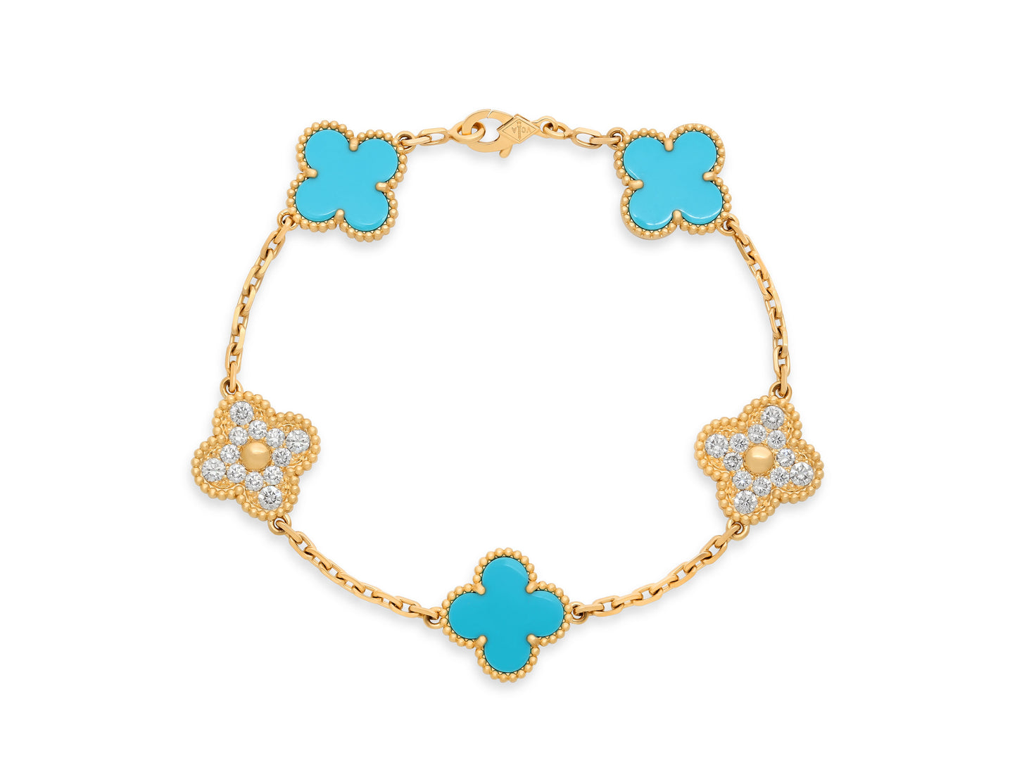 Van Cleef & Arpels 'Vintage Alhambra' Turquoise and Diamond Bracelet, 5 Motifs, in 18K Gold