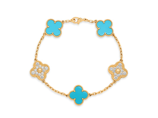 Van Cleef & Arpels 'Vintage Alhambra' Turquoise and Diamond Bracelet, 5 Motifs, in 18K Gold