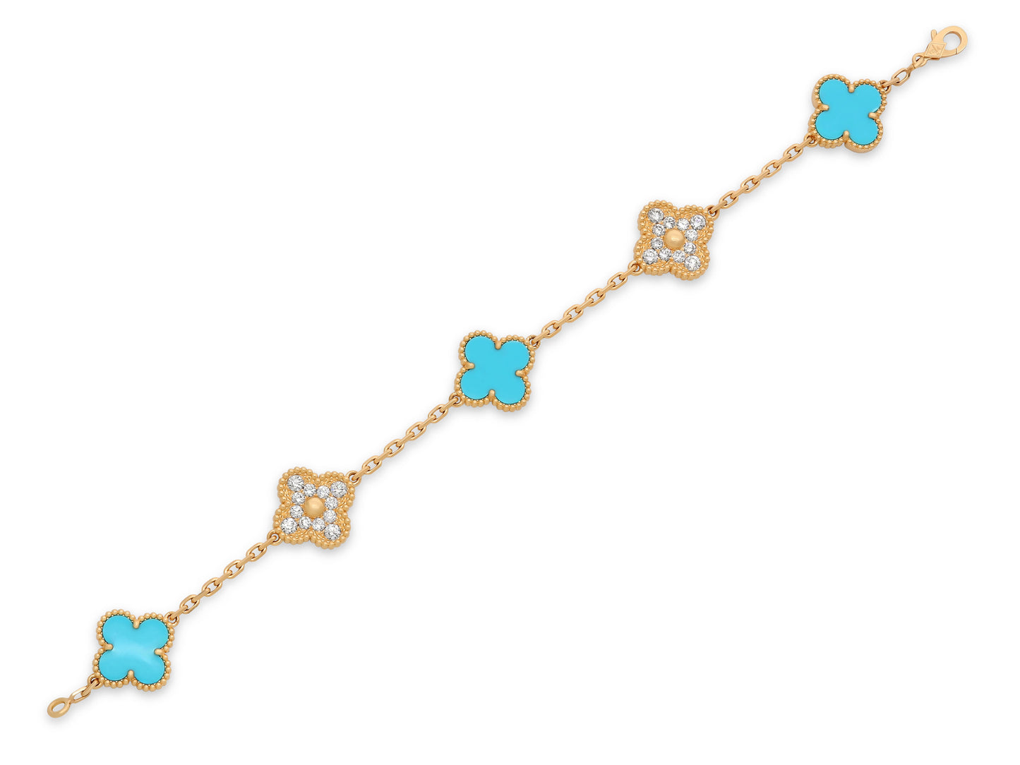 Van Cleef & Arpels 'Vintage Alhambra' Turquoise and Diamond Bracelet, 5 Motifs, in 18K Gold