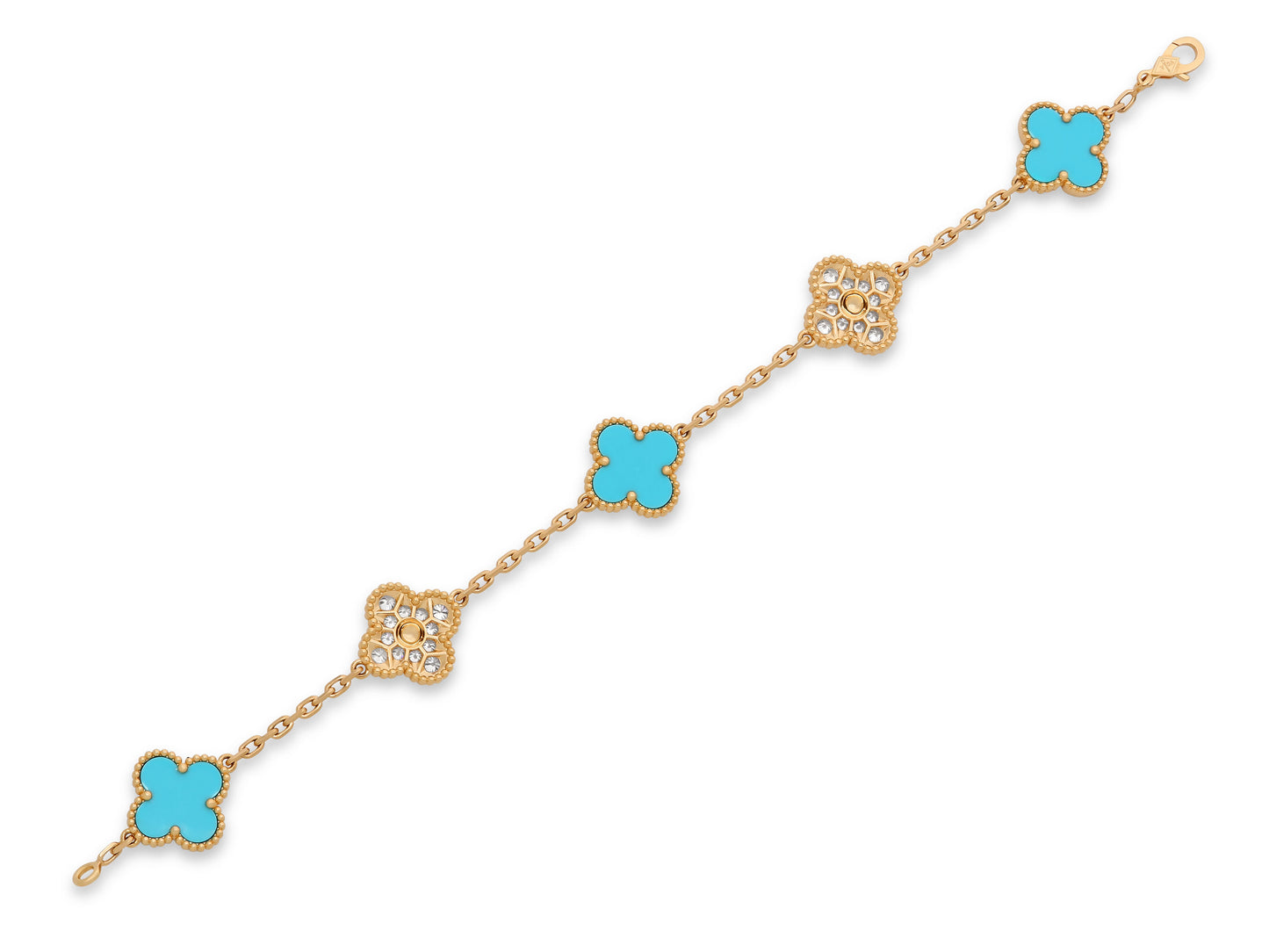 Van Cleef & Arpels 'Vintage Alhambra' Turquoise and Diamond Bracelet, 5 Motifs, in 18K Gold