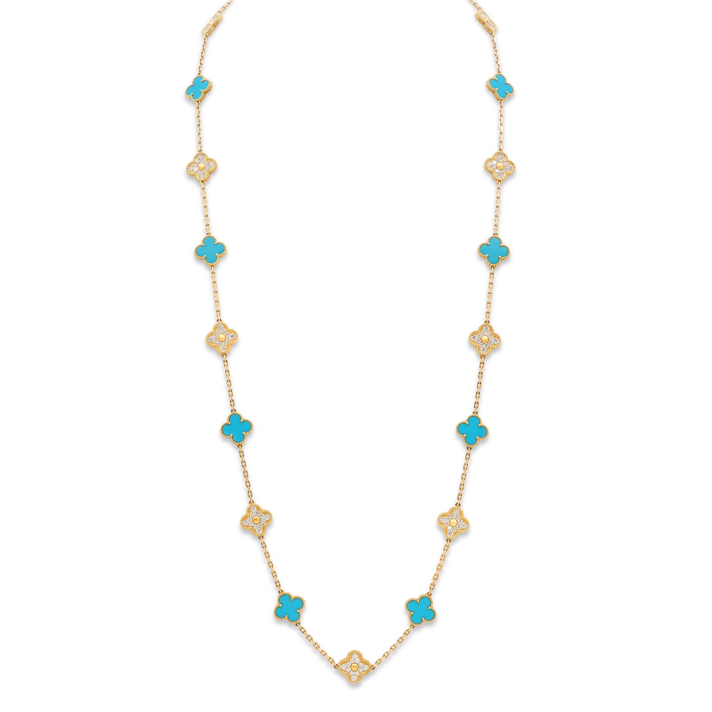 Van Cleef & Arpels 'Vintage Alhambra' Turquoise and Diamond Necklace, 20 Motifs in 18K Gold