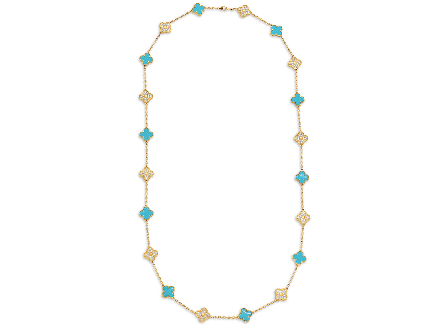 Van Cleef & Arpels 'Vintage Alhambra' Turquoise and Diamond Necklace, 20 Motifs in 18K Gold