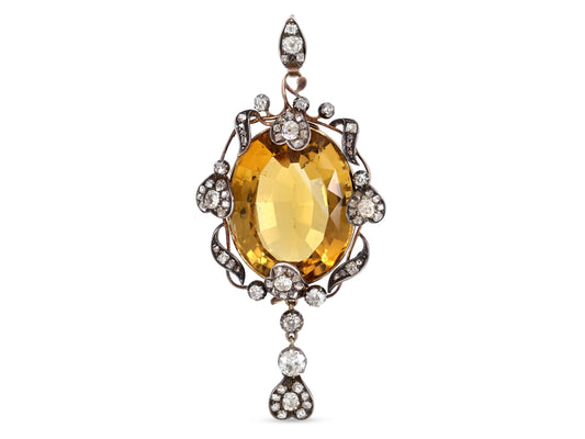 Antique Victorian Citrine and Diamond Pendant in Silver over Gold