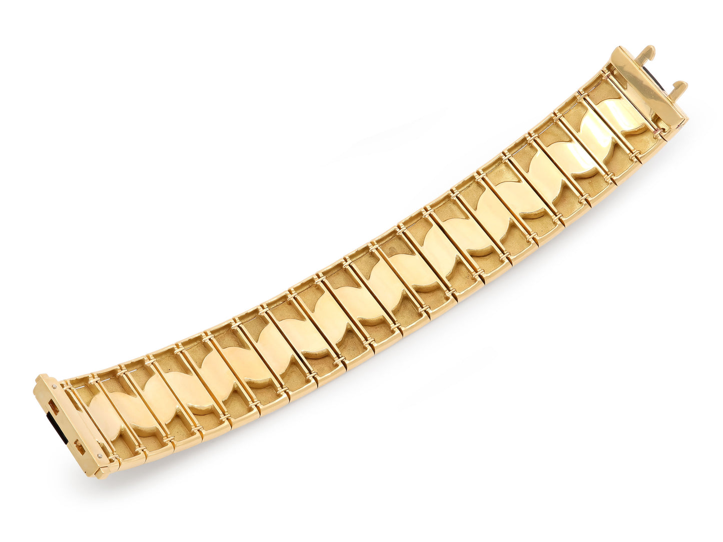 Inlaid Onyx Bracelet in 18K Gold by Beladora, underside view of a wide bracelet with twenty two polished yellow gold rectangular links