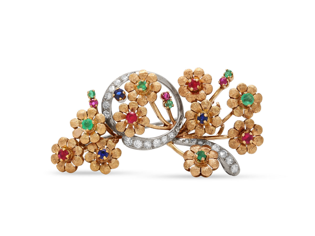 Mid-Century Diamond and Gemstone En Tremblant Flower Brooch/Pendant in 18K Gold