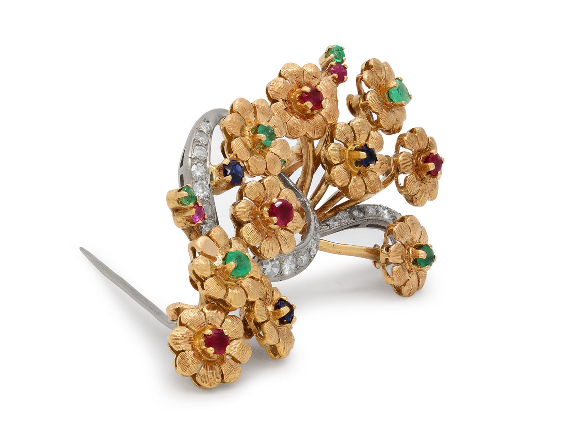 Mid-Century Diamond and Gemstone En Tremblant Flower Brooch/Pendant in 18K Gold