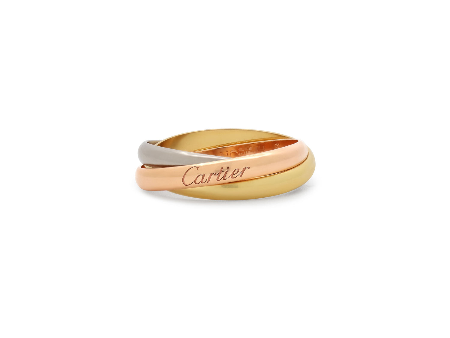 Cartier 'Trinity' Ring in Tri-Color 18K Gold, an interlocking three-band ring in polished yellow, white, and rose gold, signed Cartier, from Beladora.