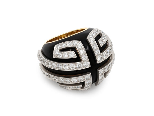 David Webb 'Scroll' Diamond and Enamel Ring in 18K Gold