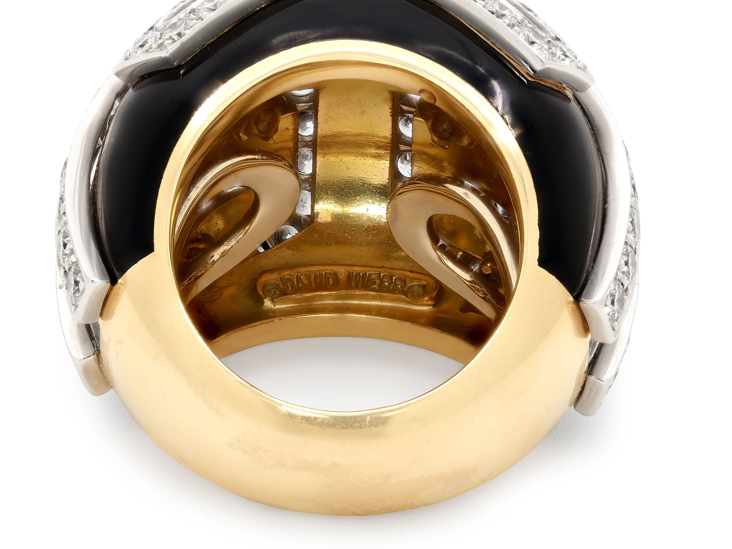 David Webb 'Scroll' Diamond and Enamel Ring in 18K Gold